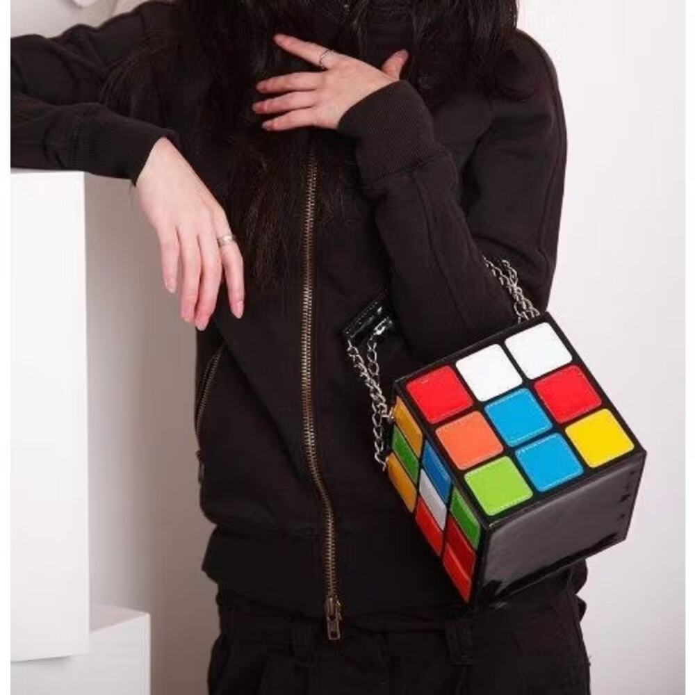 Rubik Cube Handbag Novelty Puzzle Cube Purse Chain Strap Colorblock Bag Purse